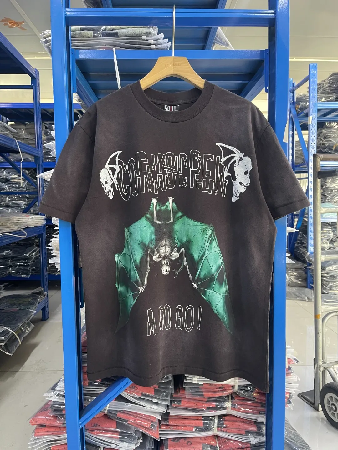 Spot ST422 style washed gray P150 Saint Michael 25SS "A GO GO" hell skull bat print washed distressed T-shirt size S-M-L-XL